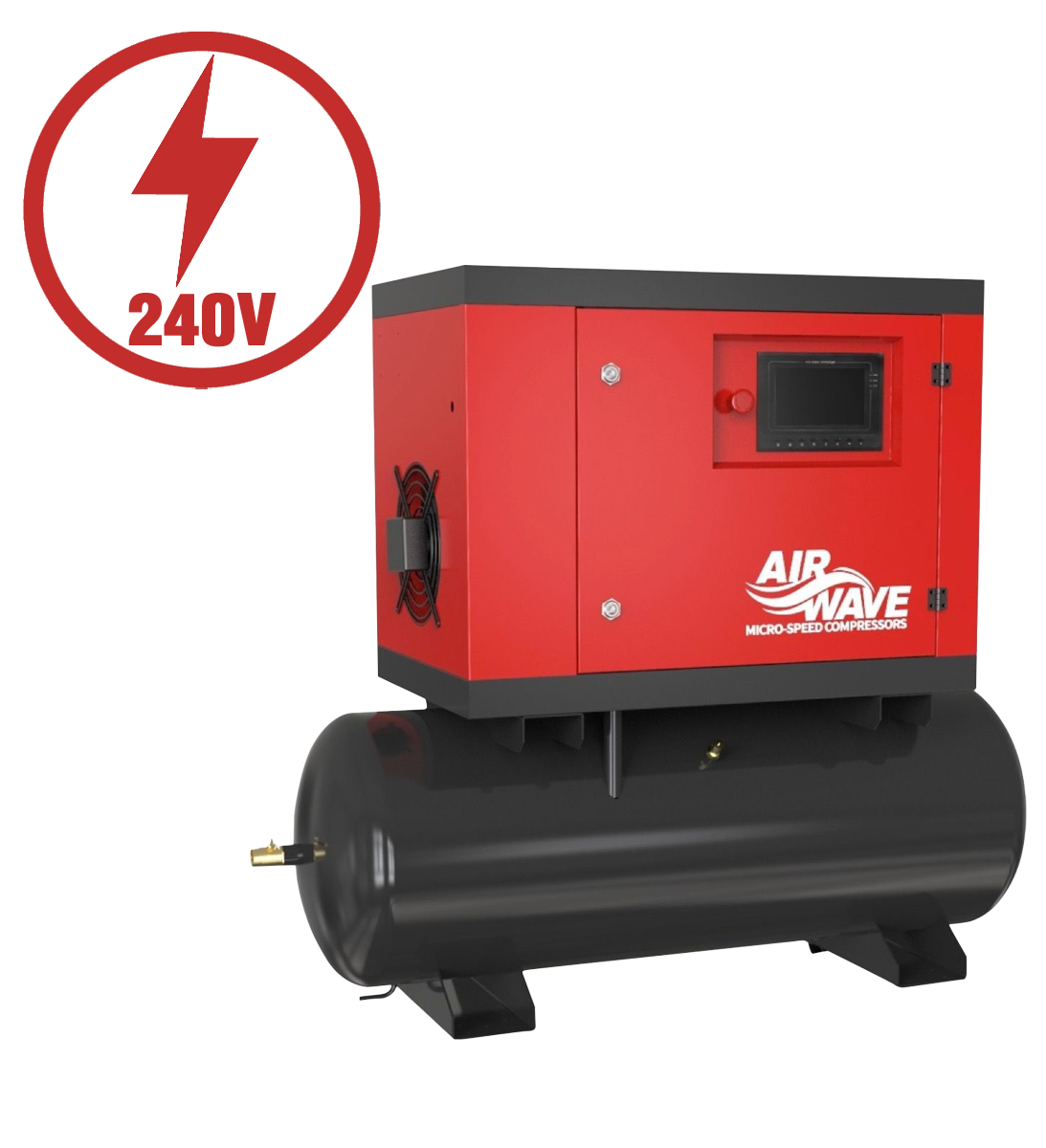 Airwave Micro-Speed, Variable Speed Compressor, 5.5hp/4Kw-230V, 32-amp, 17 CFM, 6-10 Bar 160L Tank Mounted