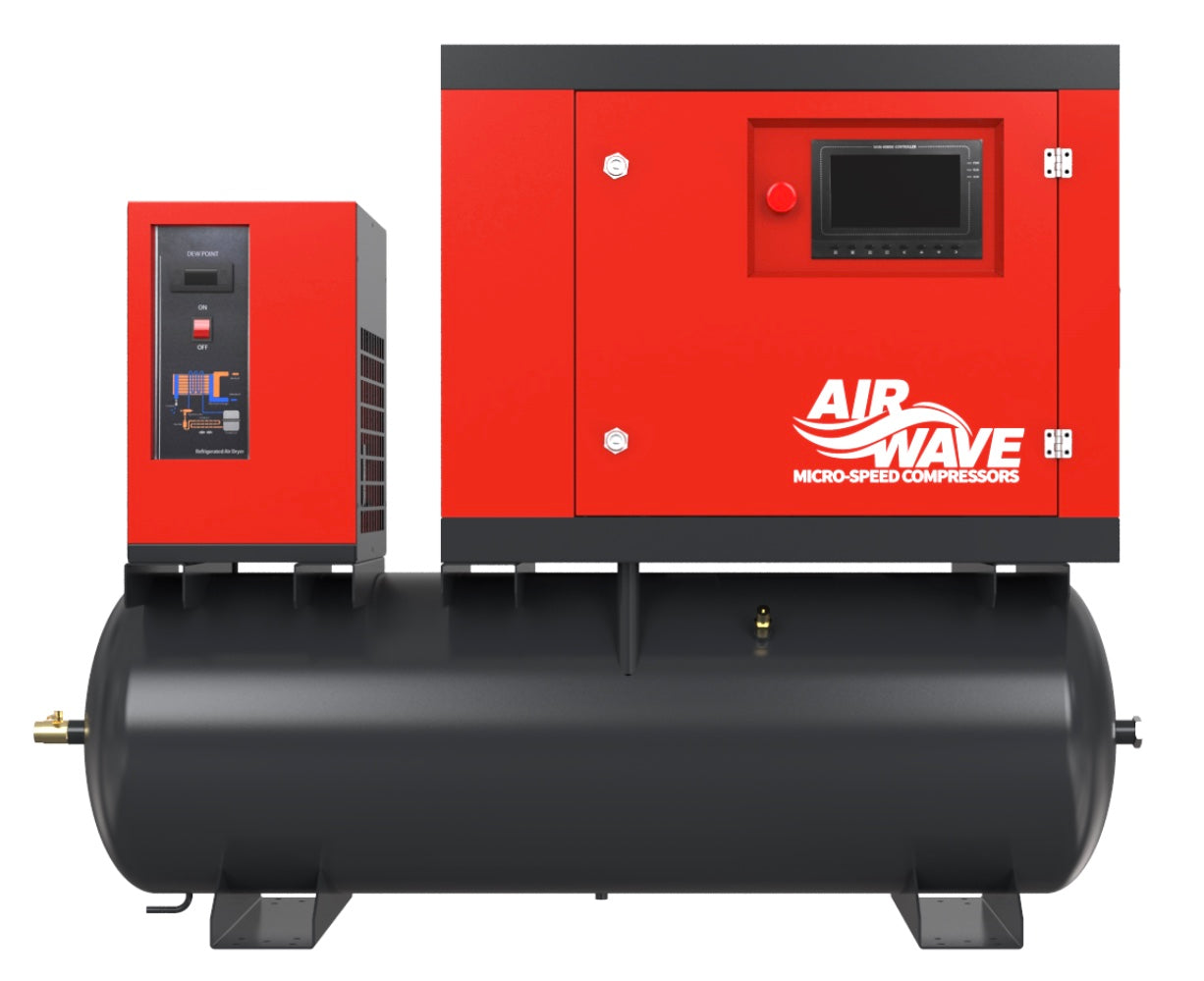 Airwave Micro-Speed, Variable Speed Compressor, 5.5hp/4Kw-400V, 17 CFM, 6-10 Bar 200L Tank Mounted + Dryer.