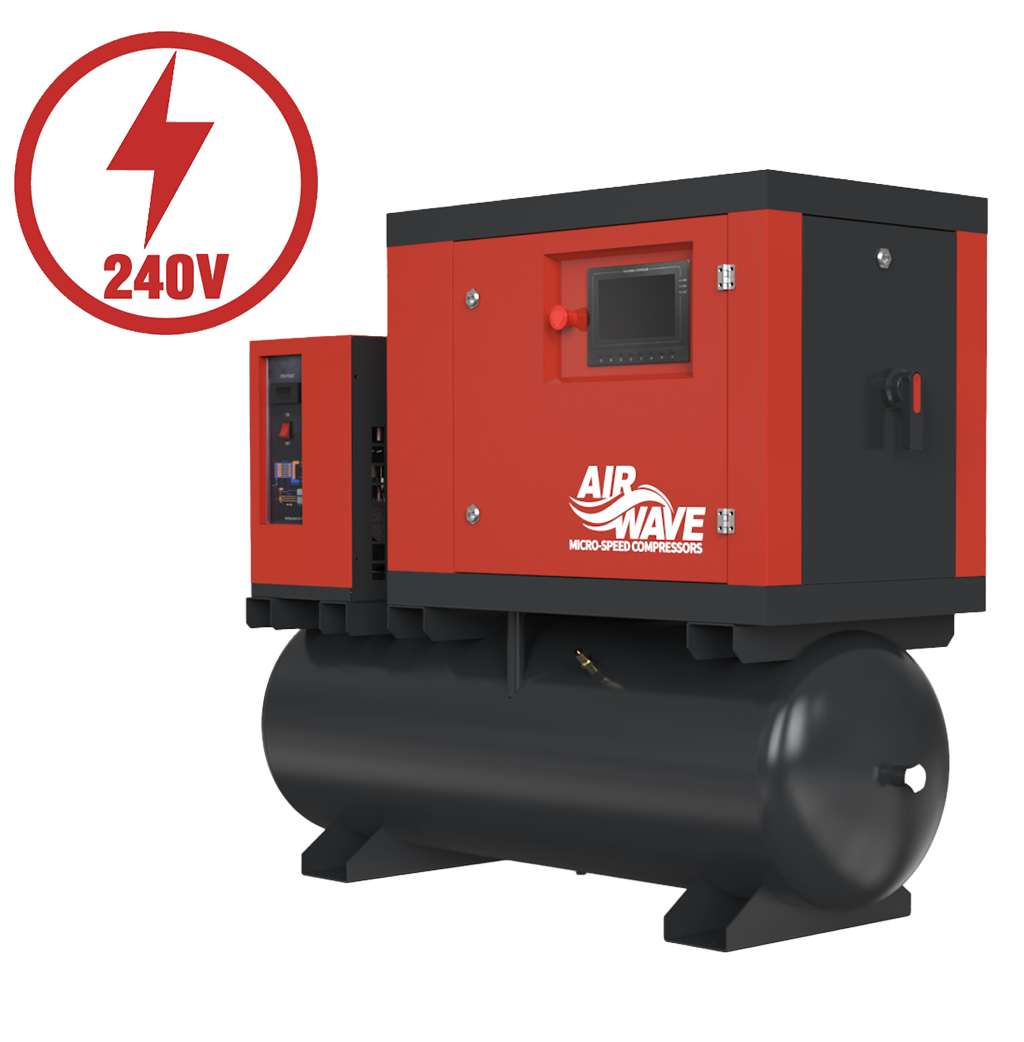 Airwave Micro-Speed, Variable Speed Compressor, 5.5hp/4Kw-230V, 32-amp, 17 CFM, 6-10 Bar 200L Tank Mounted + Dryer.